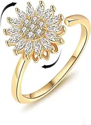 [IQIC] Sunflower Ring for Women Fidget Rings for Anxiety Open Adjustable Spining Ring Cubic Zirconia Sunflower Ring Trendy Jewelry