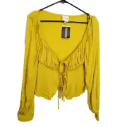 Skylar And Madison Top Women's Large Cropped Yellow Tie Front Long Sleeves New