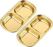 GRIRIW 2Pcs Double Grid Appetizer Dish Stainless Steel Sauce Dish for Seasonings for Parties Picnics Barbecues and Family Gatherings