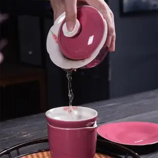 胭脂紅蓋碗茶杯陶瓷三才碗功夫茶具手繪泡茶碗單個家用蓮花敬茶碗