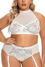 [Generic] Plus Size Lingerie Set for Women Sexy See Thru Halter Lace Bra High Waist Panty 2 Pieces with Wrist Restraint