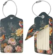 [FJWSLCH] Flowers Birds Luggage Tag for Suitcases, 4 PCS Suitcase Tags, Identifiers Travel Bag Tags for Luggage Travel Tags, Baggage Tags, Leather Name ID Labels and Metal Loop for Women Men