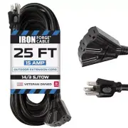 25 Ft Black Oil Resistant Extension Cord with 3 Electrical Power Outlets