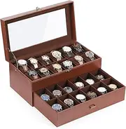 AUTOARK Leather & Velvet 24 Watch Box Glass Top Jewelry Display Drawer Lockable Case Organizer,Removable Watch Pillows,Coffee,MKAW033