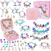 MOTYYA Charm Bracelet Making Kit with Initial Jewellery Box, DIY Jewellery Making Kit with Beads Charms Bracelets & Necklace String Toys Gifts Set for 6 7 8 9 10 11 12 Year Old Girls Birthday - A