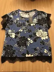 Ladies Size 14 Blue Top Floral Lace Short Sleeves Top Eur 42 Blue T-shirt New