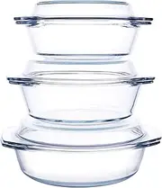 HUSANMP Set of 6 Pieces Round Tempered Glass Casserole Dish with Lids, Glass Casserole Baking Dish Set for Oven, Freezer and Dishwasher Safe - 1QT+1.5QT+1.8QT