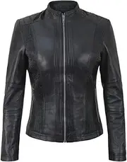 Spazeup Women's Zipper Pockets Quilted Black Biker Kay Michaels Leather Jacket