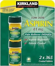 Kirkland Signature LOW Dose Aspirin 81mg Pain Reliever Aspirin Regimen Safety Coated Enteric - 2 Packs of 365 Coated Tablets (730 Tablets Total)