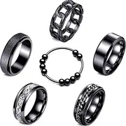 [Jntahecg] 6pcs Men’s Black Titanium Steel Fashion Simple Band Rings - Cool Ring Set.