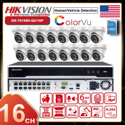 Hikvision 16CH 16POE NVR 6MP IP Camera Colorvu Audio Full Color CCTV System Kit