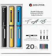 Sheaffer Calligraphy Maxi Kit (includes 3 x Click-Off Cap Resin Fountain Pens, 3 x Fine/Medium/Broad Nib Sizes, Tracing Pad and 20 x Assorted Inks), 27 Piece Set, Black/Blue/Yellow