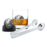 Avanti Ice Golf Ball Set Whiskey Stainless Steel Stone Stand with Tongs Silver