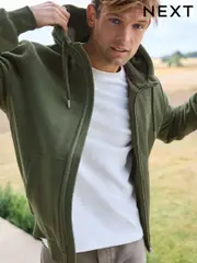 Khaki Green Borg Fleece Lined Zip Up Hoodie (N77797) | $77