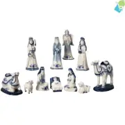 Porcelain Delft Blue Nativity Set 11-Piece Christmas Scene 1.97"x6.7" Decorat...
