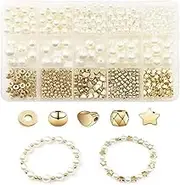 Loopunk 720 PCS Gold Plastic Bead Set: Round, Star, Heart, Spacer & Cylinder Oblate Shapes, 4mm-12mm Sizes, DIY Jewelry Making Kit with Bracelets & Pendants
