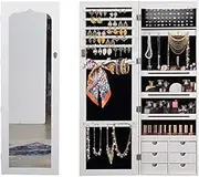 LEVEDE LED Lights Jewelry Cabinet Armoire, Lockable Jewelry Storage Organizer with Full Length Mirror, Wall/Door Mounted Dressing Mirror for Bedroom, Bathroom, Living Room (37 x 9 x 122cm, White)
