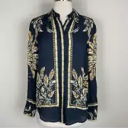 Reiss Navy Gold Leaf Print Tiff Feather Print Button Down Blouse NWT 0