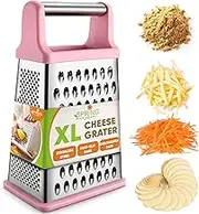 Spring Chef Professional Stainless Steel XL Parmesan Cheese Grater with Handle - 4 Sided Box Grater for Kitchen - Dishwasher Safe Carrot Shredder for Potato, Vegetables, Ginger - Pink Lemonade