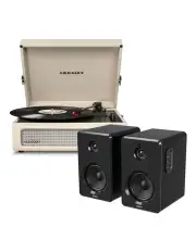 [Crosley] Voyager Bluetooth Portable Turntable Dune Bundled Majority D40 Bluetooth Speakers in Oatmeal