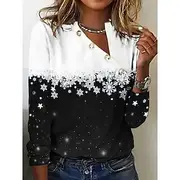 Women's T Shirt Henley Pullover Ombre Snowflake Henley Pullover Red White Long Sleeve Casual Comfort Fit Autumn Winter Holiday Top