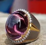 Unique Antique Men's Wedding Ring Simulated Amethyst Oval Cabochon Silver 925
