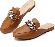 [Tilocow] Metal Chain Decor Flat Mules for Women Closed Round Toe Slip on Loafers Slides Backless Mules Flats