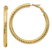 14K Yellow Gold 4X35mm Diamond-Cut Round Omega Back Hoop Earrings