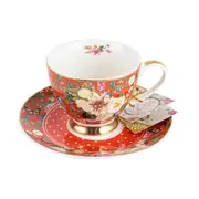 Floral Garden Red Flowers Decorative Botanical Ceramic Teacup & Saucer Set 200ml