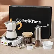 Moka Pot Set – 7-Piece Stovetop Espresso Maker with Electric Stove, Manual Coffee Grinder, Coffee Distributor, Measuring Spoon, Storage Jar & Filter Papers – Complete Coffee Gift Set