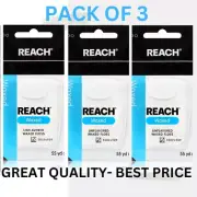 REACH Waxed Unflavored Dental Floss 3-Pk 55yd/1980 inches/Each Pack