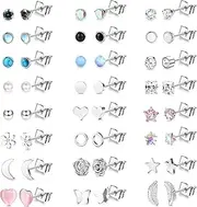 [Sanfenly] 24 Pairs Stainless Steel Stud Earrings for Women Girls Small Stud Earring Set Multiple Geometric Tiny Ball Star Heart Moon Piercing Ear Studs Cubic Zirconia Earrings Set for Girls