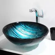 Tempered Blue Glass Bathroom Vessel Sink Thick Round Handmade Durable Basin, 17"