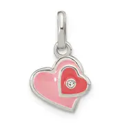 Sterling Silver Rhodium-Plated Pink Enamel Cz Double Heart Pendant