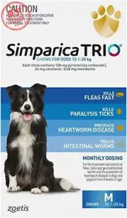 Simparica Trio for Dogs 10.1–20kg, Blue, Flea Tick Worm Chews, Pack of 3