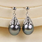 11.2mm Light Green Tahitian Pearl Dangle Earrings Sterling Silver&14K Gold Stud