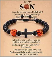 Rofusn Football Basketball Baseball Beaded Bracelet: Adjustable Natural Stone Beads Cross Charm Sport Bracelets Gifts for Teenage Boys Players Team To My Son Birthday Graduation Christmas