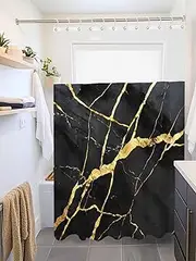 Clblhlolkuy Waterproof Shower Curtain for Bathroom, Gold Black Marble Abstract Modern Art Texture Hotel Fabric Soft Bath Curtain with Semi-Transparent Top Window & Hooks, 72"x72"