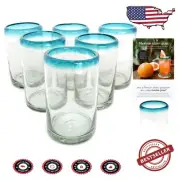 Set of 6 Aqua Blue Rim Juice Glasses - Handcrafted Mexican Artisanal Glassware