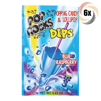 6x Packs Pop Rocks Dips Blue Raspberry Popping Candy With Lollipop | .63oz