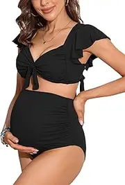 [Charmo] Maternity Swimsuit Two Piece Ruffle Sleeve Ribbed Ruched Bikini Tie Knot High Waisted Pregnancy Swimwear