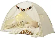 Twin Size Bed Tents with Stars Lights & Flags, Sleeping Tent for Twin Bunk Bed, Breathable Privacy Space Dream Tents Cottage Play Tent Portable & Foldable Teepee, for Indoor Room Floor Bed Tent, Beige