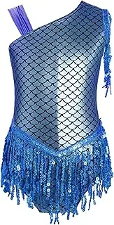 [TiaoBug] Kids Girls Sleeveless Tassel Latin Dance Dress Fish Scale Metallic Bodysuit Sequin Fringe Skirted Leotard