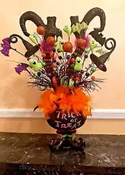 HALLOWEEN CENTERPIECE NOT WREATH CAULDRON WITCH LEGS FEATHER FLORAL DECOR RAZ