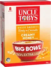 UNCLE TOBYS Oats Quick Sachets Honey, Big Bowl 30 Percent Extra, 8 Sachets