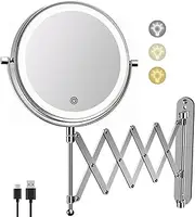 FUNTOUCH USB Rechargeable Cosmetic Mirror with 1X/10X Magnification, 3 Colours Lighting, Touch Screen Dimming, Extended Arm Makeup Mirror, 360° Rotatable Wall Mirror for Bathroom and Hotel