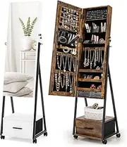 Giantex Mirror Jewelry Cabinet, Jewelry and Makeup Organizer w/Full Length Mirror, Lockable Door & Wheels, Rolling Jewelry Armoire with Drawer (Coffee)