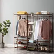 Furb Bamboo Clothes Hanging Rack, Open Wardrobe Clothes Rack, 13 Shelves, 2 Hanging Rails (150x30x145cm-Natural)