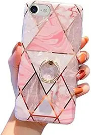 Qokey Compatible with iPhone SE 2020 Case,iPhone 8 Case,iPhone 7 Case 4.7 inch Marble Cute Fashion Cover for Women Girls 360 Degree Rotating Ring Kickstand Soft TPU Shockproof Cover Rose Gold