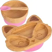 Tiny Dining Baby Dinner Set - Fox - Pink - 3pc - Divided Non-Slip Bamboo Self-Feeding Baby Weaning Plate, Bowl & Spoon for Babies, Toddlers, Children